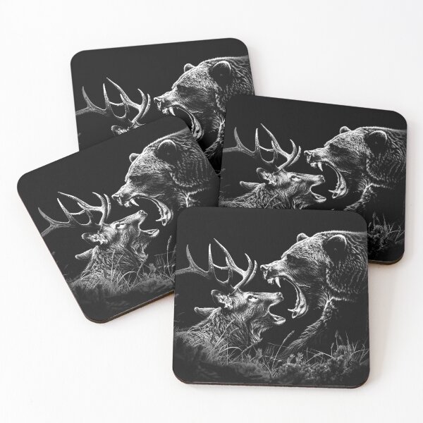 Item preview, Bear and Stag Confrontation Black and White Wildlife Art designed and sold by inkoutninja.