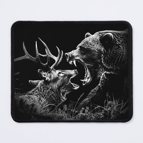 Item preview, Bear and Stag Confrontation Black and White Wildlife Art designed and sold by inkoutninja.