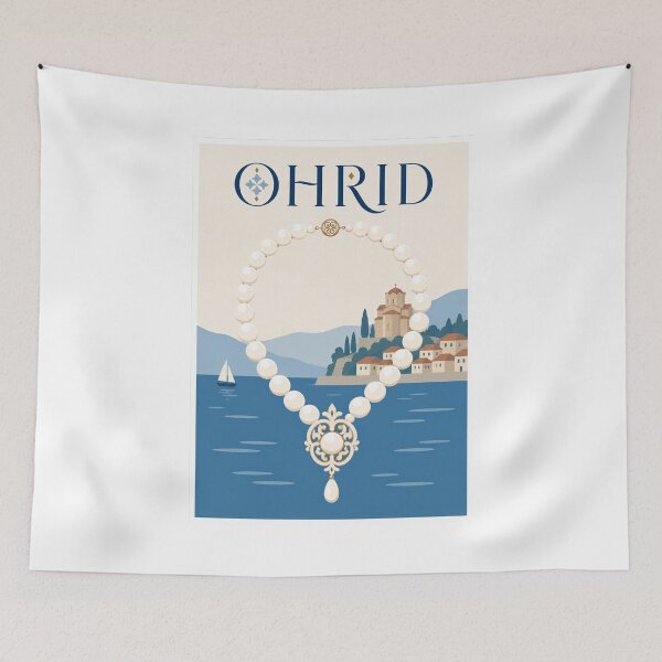 Item preview, Ohrid Pearl Necklace Travel Poster designed and sold by Beyond Destinations.