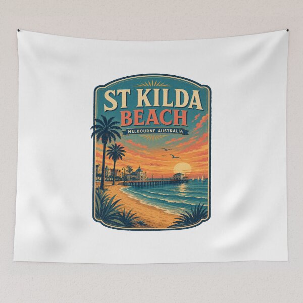 Item preview, St Kilda Beach Melbourne Gift | Vintage Australia Coastal Poster | Retro Sunset Travel Art Print designed and sold by Globalcitytees.