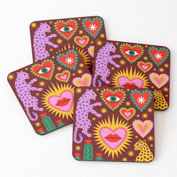 Item preview, Colorful Folk Art Leopards with Sacred Hearts, Cactus & Evil Eye designed and sold by KiraChie.
