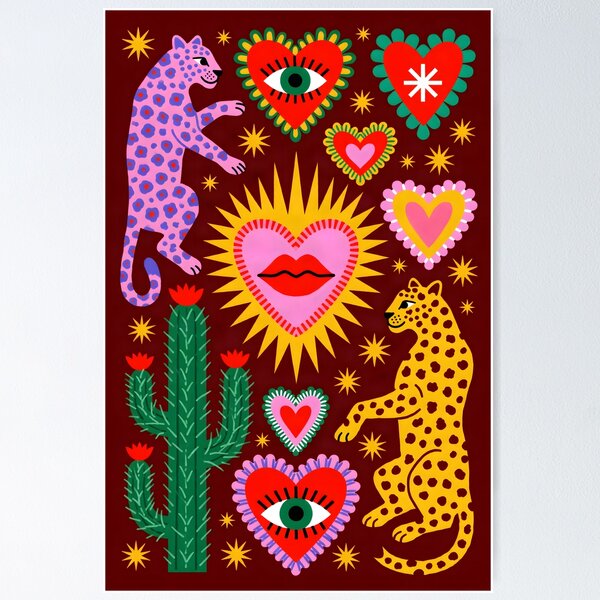 Item preview, Colorful Folk Art Leopards with Sacred Hearts, Cactus & Evil Eye designed and sold by KiraChie.