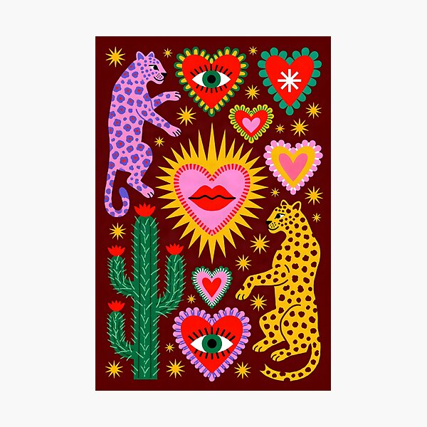 Item preview, Colorful Folk Art Leopards with Sacred Hearts, Cactus & Evil Eye designed and sold by KiraChie.