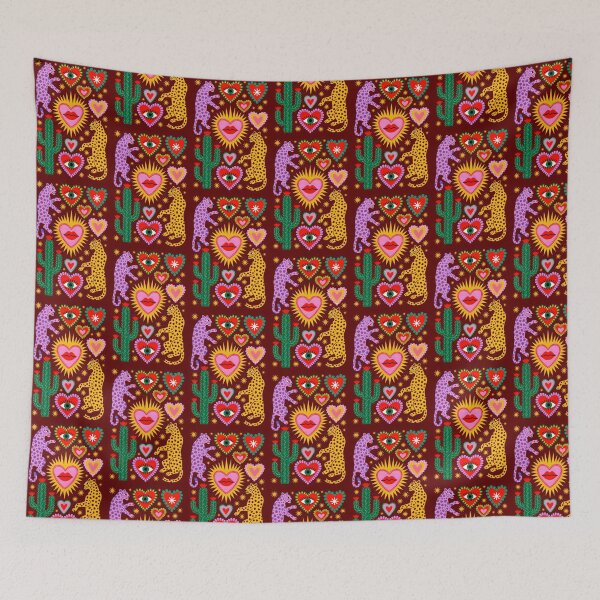 Item preview, Colorful Folk Art Leopards with Sacred Hearts, Cactus & Evil Eye designed and sold by KiraChie.