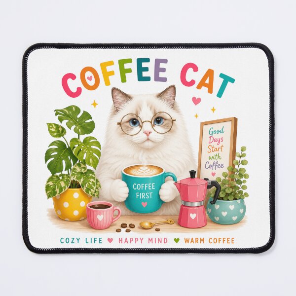 Item preview, Cute Coffee Cat Drinking Latte | Cozy Cafe Wall Art designed and sold by Nicha Studio.