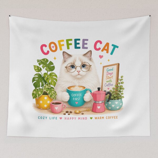 Item preview, Cute Coffee Cat Drinking Latte | Cozy Cafe Wall Art designed and sold by Nicha Studio.