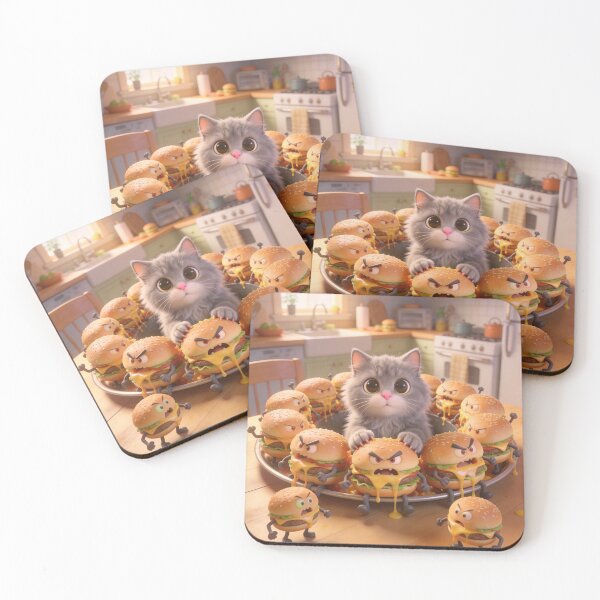 Item preview, Cute Gray Kitten Surrounded by Angry Living Burgers Cartoon designed and sold by OksArtStudio.