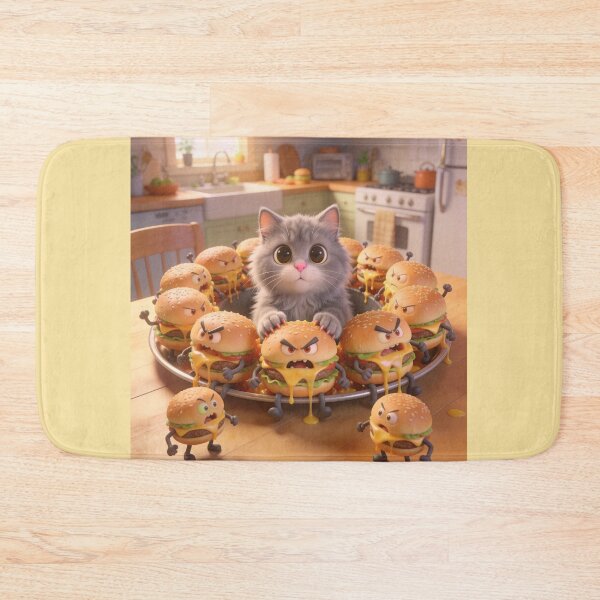 Item preview, Cute Gray Kitten Surrounded by Angry Living Burgers Cartoon designed and sold by OksArtStudio.