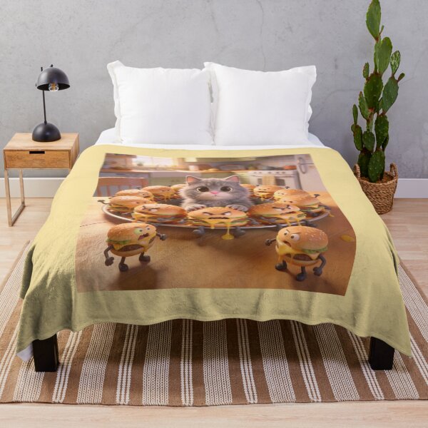 Item preview, Cute Gray Kitten Surrounded by Angry Living Burgers Cartoon designed and sold by OksArtStudio.