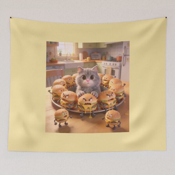 Item preview, Cute Gray Kitten Surrounded by Angry Living Burgers Cartoon designed and sold by OksArtStudio.