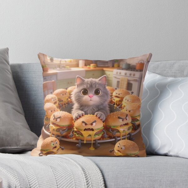 Item preview, Cute Gray Kitten Surrounded by Angry Living Burgers Cartoon designed and sold by OksArtStudio.