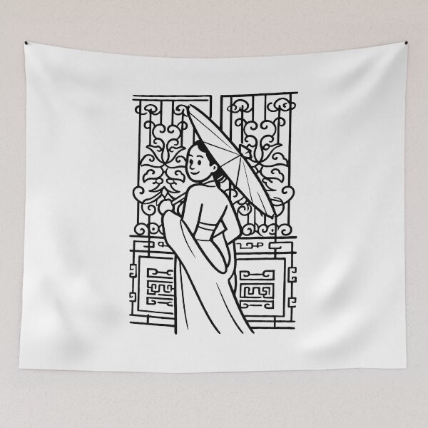 Item preview, ​Traditional Asian Woman With Parasol Line Art designed and sold by MandalasLovers.