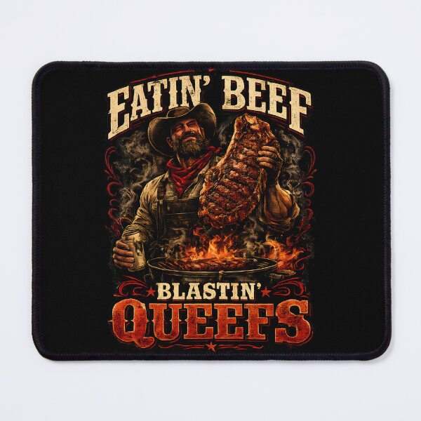 Item preview, Eatin' Beef Blastin' Queefs Funny BBQ Cowboy Vintage Steak Grill designed and sold by SkymarArt.