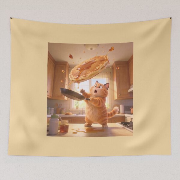 Item preview, Funny Orange Tabby Cat Flipping Giant Pancake Cartoon designed and sold by OksArtStudio.