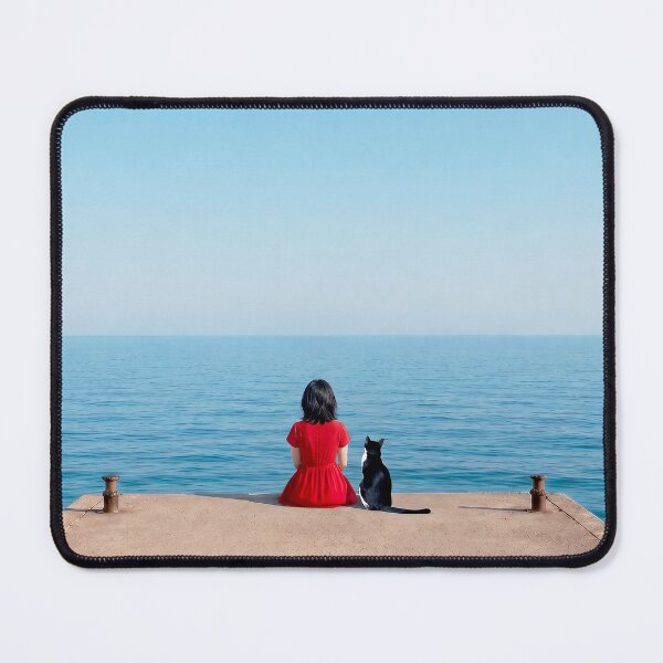 Item preview, Meow & the Marine Blue Wall Art - Girl in Red Dress and Black Tuxedo Cat in Ocean designed and sold by imsoyoon.