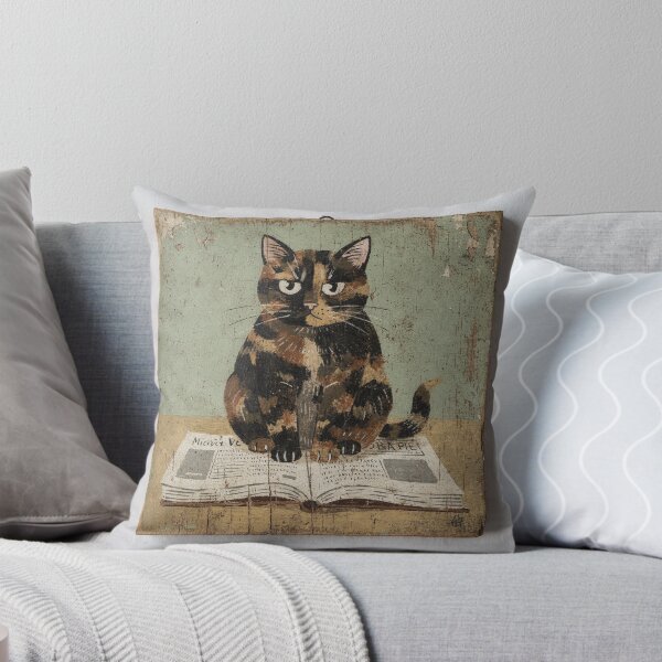 Item preview, Tortoiseshell Cat Sitting on the Newspaper You Are Reading Folk Art designed and sold by PictorialWhimsy.