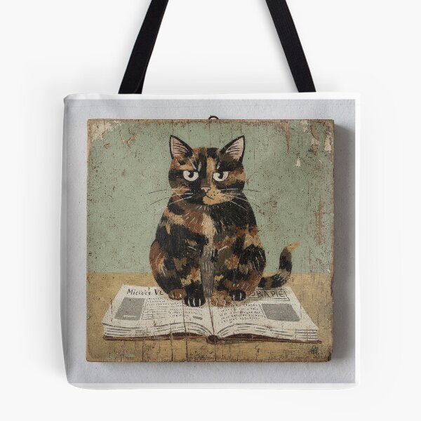 Item preview, Tortoiseshell Cat Sitting on the Newspaper You Are Reading Folk Art designed and sold by PictorialWhimsy.