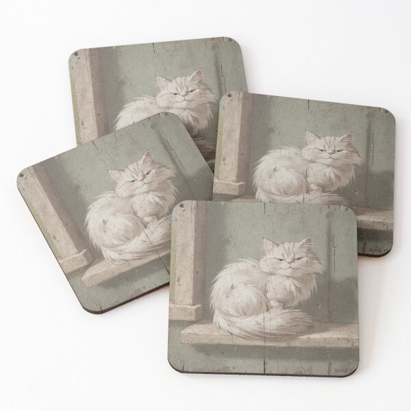Item preview, Long-Haired White Cat Loafing on the Cold Windowsill Folk Art designed and sold by PictorialWhimsy.