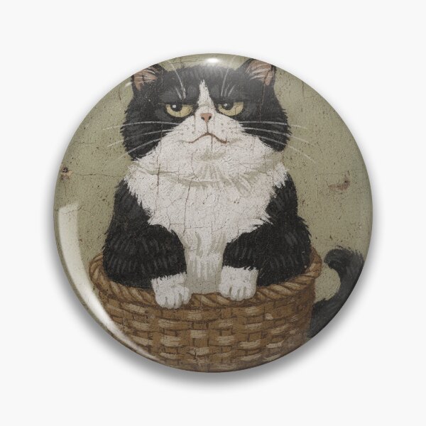 Item preview, Chubby Tuxedo Cat Wedged Into a Too-Small Basket Folk Art designed and sold by PictorialWhimsy.