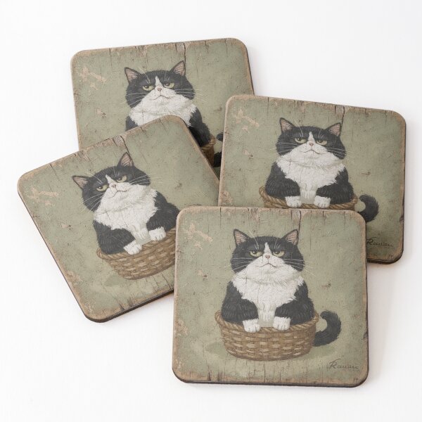 Item preview, Chubby Tuxedo Cat Wedged Into a Too-Small Basket Folk Art designed and sold by PictorialWhimsy.