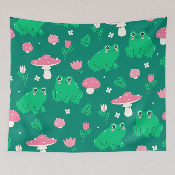 Item preview, Cute Frog & Pink Mushroom Seamless Pattern | Kawaii Forest Cottagecore Aesthetic | Frog Lover Nature Print designed and sold by RJACreative.