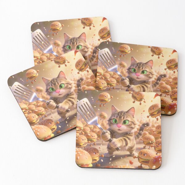Item preview, Funny Cat Fighting Angry Living Burgers Cartoon designed and sold by OksArtStudio.