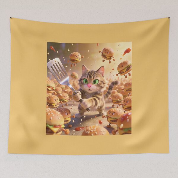 Item preview, Funny Cat Fighting Angry Living Burgers Cartoon designed and sold by OksArtStudio.