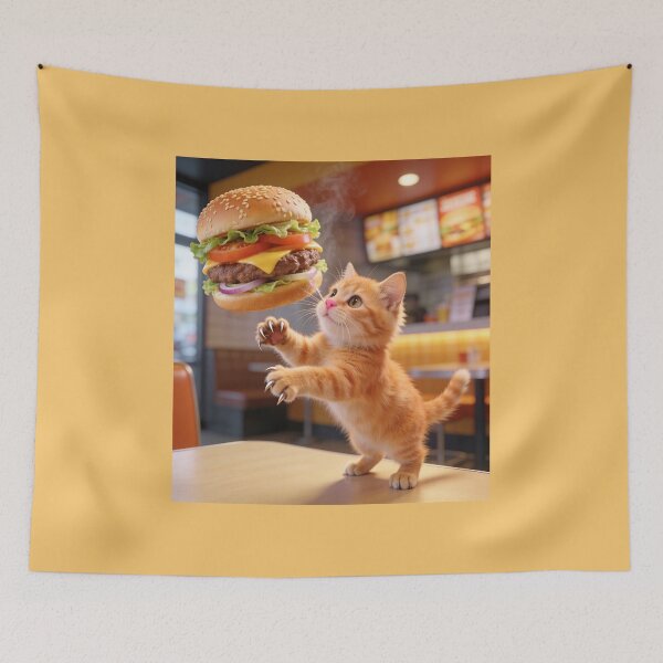 Item preview, Cute Orange Kitten Reaching for Giant Cheeseburger Cartoon designed and sold by OksArtStudio.