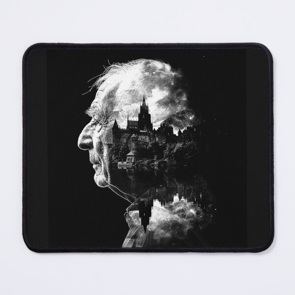 Item preview, Elderly Man and Gothic City Double Exposure Monochrome Portrait designed and sold by inkoutninja.