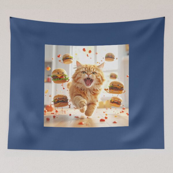 Item preview, Angry Orange Cat Chasing Living Burgers Cartoon designed and sold by OksArtStudio.