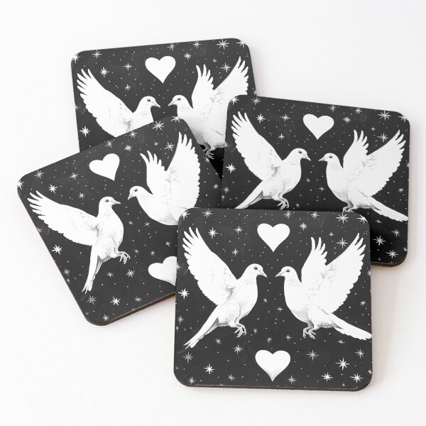 Item preview, White Doves with Hearts and Stars Romantic Monochrome Bird Art designed and sold by inkoutninja.