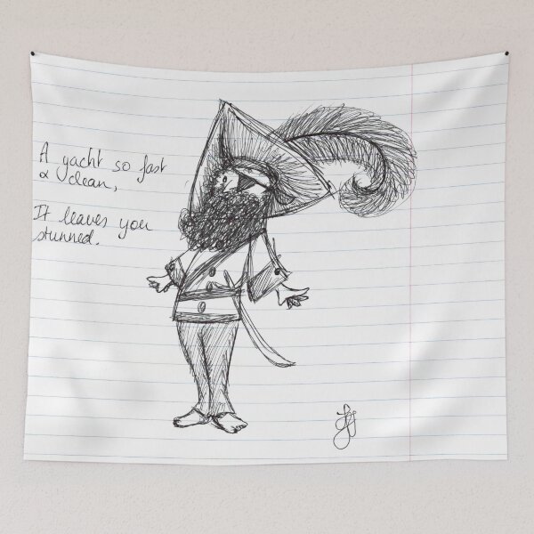 Item preview, Doodly Silly Pirate Captain with a Big Hat and Feather Hand Drawn Black Ballpoint Pen Doodle on Lined Paper designed and sold by BOKEbyTC.
