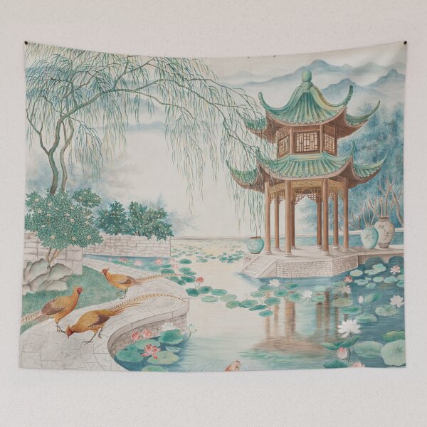 Item preview, Lotus Pavilion at Dawn Chinoiserie Wall Art | Elegant Chinese Lotus Garden Painting | Luxury Botanical Decor Print designed and sold by Tamas Das.
