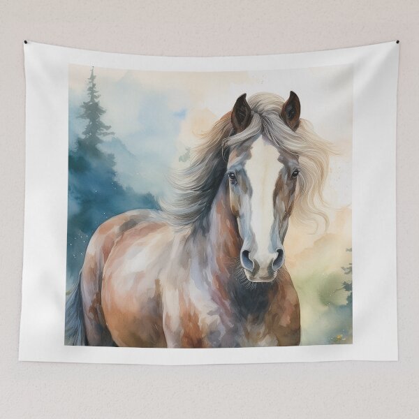 Item preview, Beautiful digital watercolour painting of a majestic horse with a flowing mane in a peaceful wildflower meadow.  designed and sold by alcame-photo.