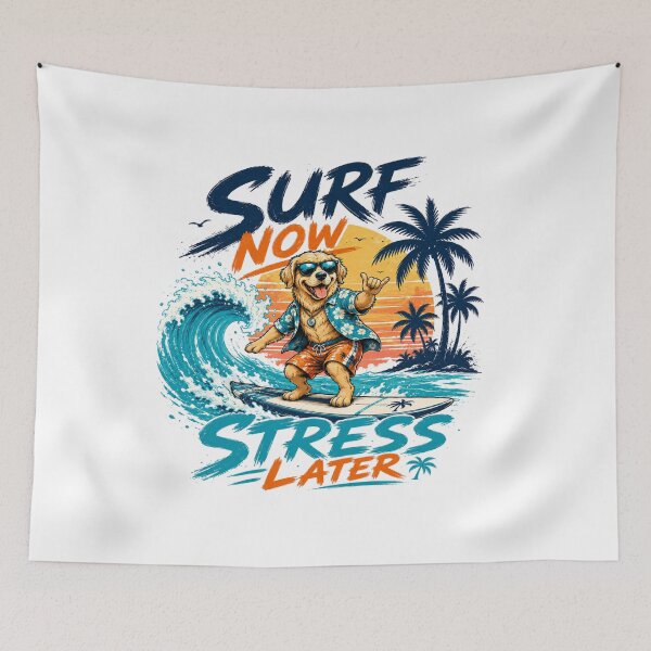 Item preview, Surf Now, Stress Later Surfing Dog T-Shirt – Funny Summer Beach Vibes Graphic Tee designed and sold by Artimax-Studio.