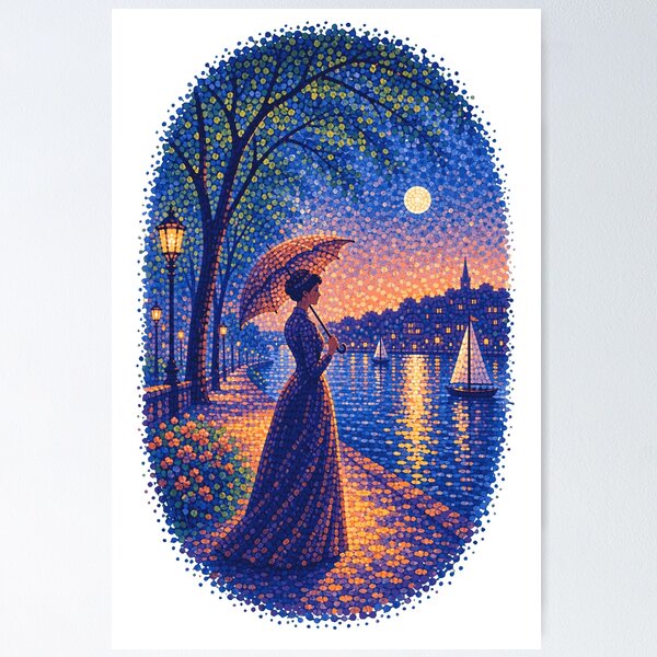 Item preview, Georges Seurat Inspired Pointillist Moonlit Riverside Woman designed and sold by JackCurtis1991.