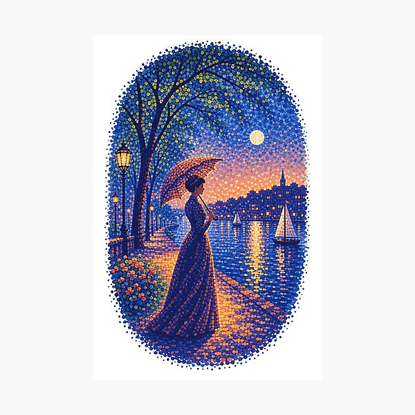 Item preview, Georges Seurat Inspired Pointillist Moonlit Riverside Woman designed and sold by JackCurtis1991.