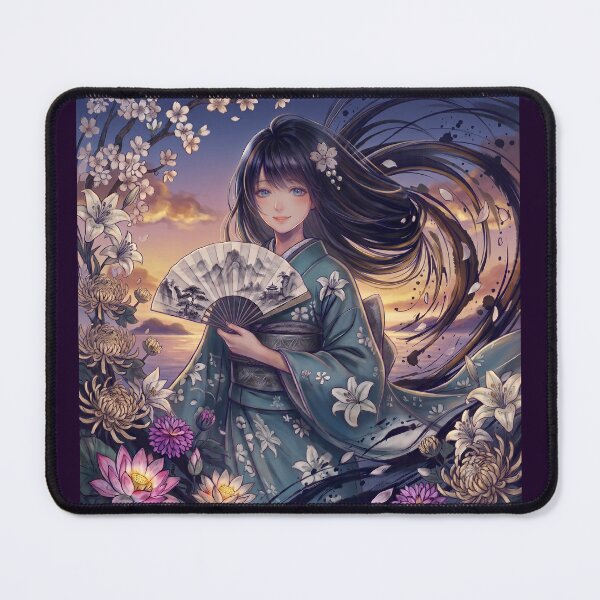 Item preview, A young girl wearing a kimono with traditional Japanese patterns and a fantastical Japanese scene. designed and sold by Aki-no-Mado Shop.