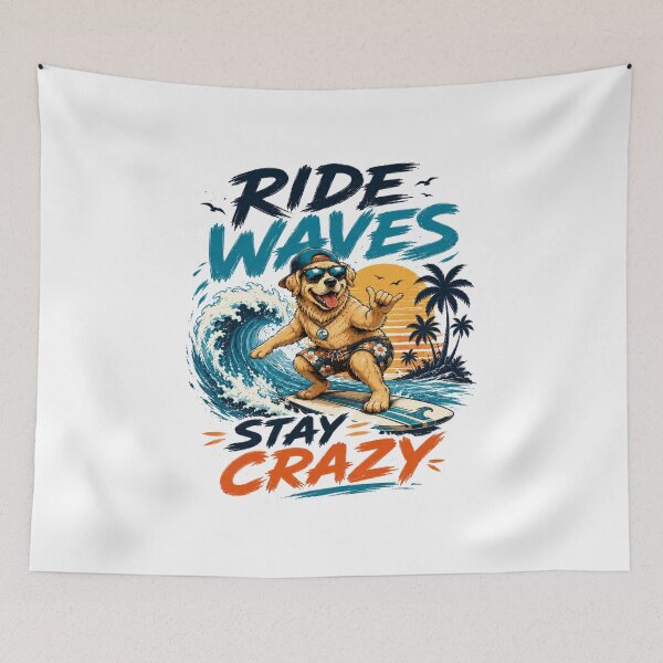 Item preview, Ride Waves Stay Crazy Surfing Dog T-Shirt – Funny Summer Beach Vibes Graphic Tee designed and sold by Artimax-Studio.