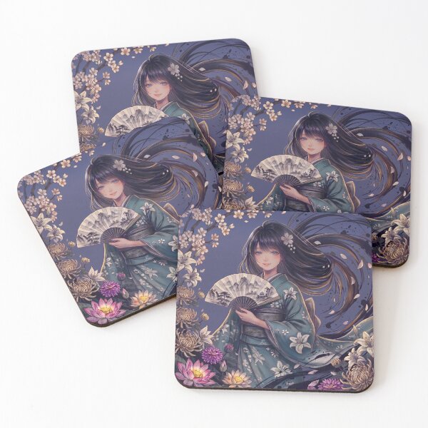 Item preview, A young girl wearing a kimono with traditional Japanese patterns and a fantastical Japanese scene. designed and sold by Aki-no-Mado Shop.