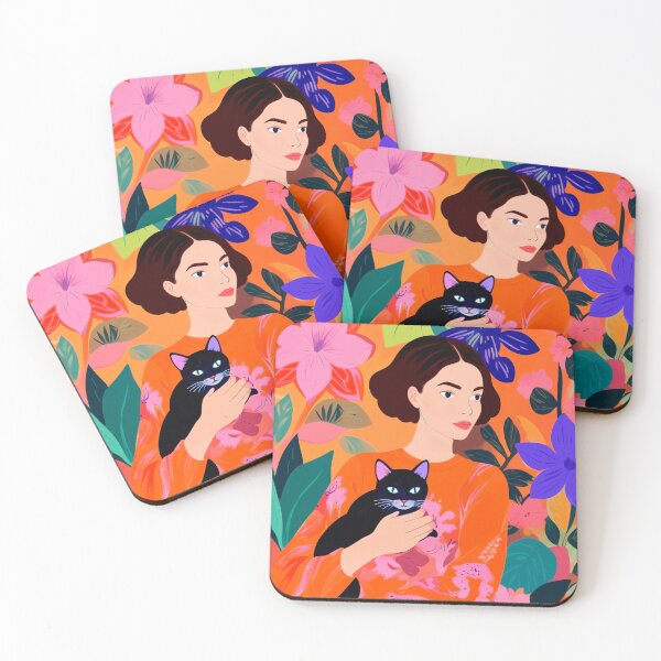 Item preview, Vibrant Woman Holding Black Cat Colorful Floral Art designed and sold by store52.