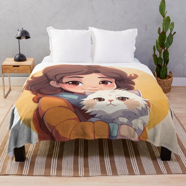 Item preview, Cute Girl Hugging Fluffy White Cat | Kawaii Cat Lover Anime Style Illustration designed and sold by Rohinirohi029.