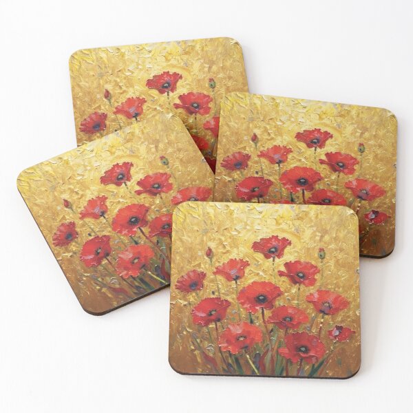 Item preview, Impasto Oil Painting of Red Poppies on Textured Gold Background designed and sold by Lucia Amaris Art.
