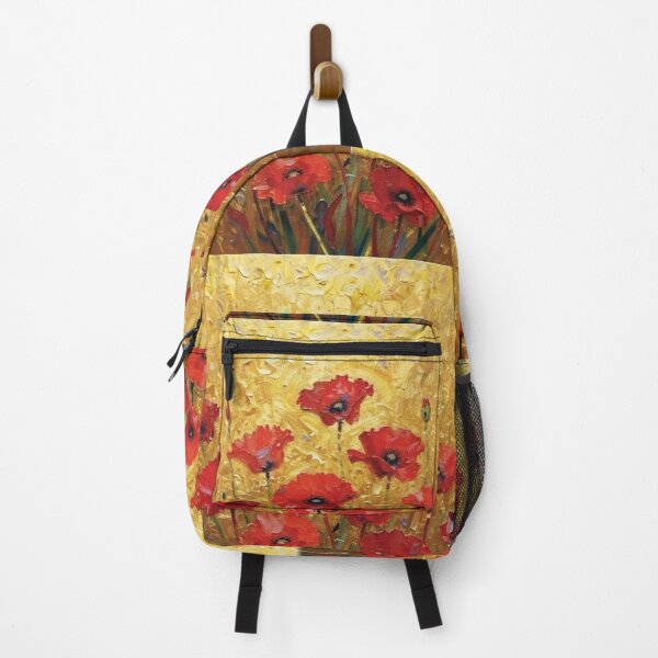 Item preview, Impasto Oil Painting of Red Poppies on Textured Gold Background designed and sold by Lucia Amaris Art.