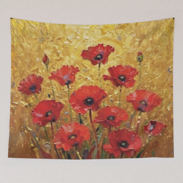 Item preview, Impasto Oil Painting of Red Poppies on Textured Gold Background designed and sold by Lucia Amaris Art.