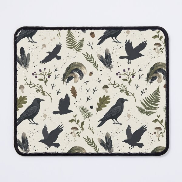 Item preview, Woodland Crow & Forest Botanical Pattern – Hand-Painted Gouache Raven Print designed and sold by OpenDreamArts.