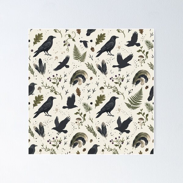 Item preview, Woodland Crow & Forest Botanical Pattern – Hand-Painted Gouache Raven Print designed and sold by OpenDreamArts.