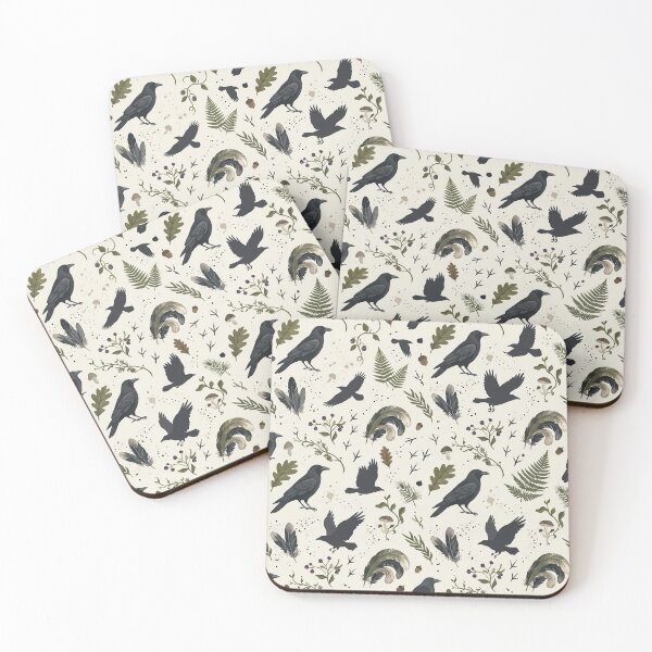 Item preview, Woodland Crow & Forest Botanical Pattern – Hand-Painted Gouache Raven Print designed and sold by OpenDreamArts.