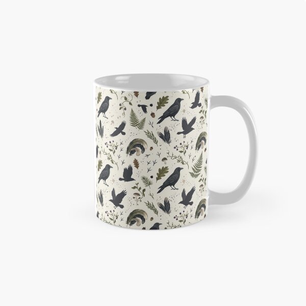 Item preview, Woodland Crow & Forest Botanical Pattern – Hand-Painted Gouache Raven Print designed and sold by OpenDreamArts.