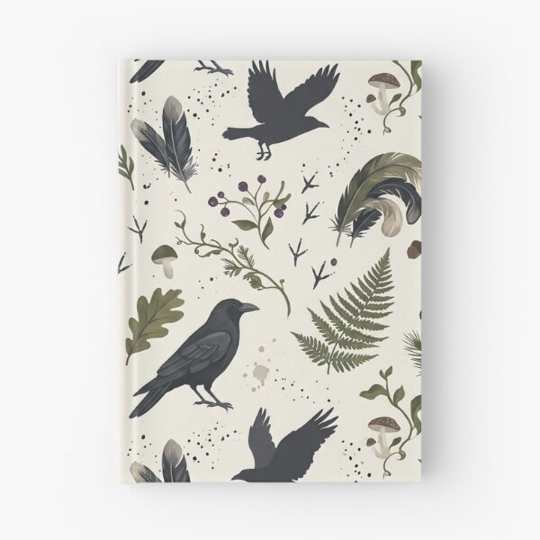 Item preview, Woodland Crow & Forest Botanical Pattern – Hand-Painted Gouache Raven Print designed and sold by OpenDreamArts.